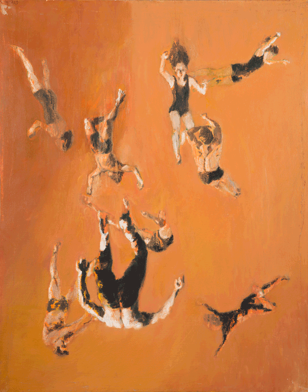 Painting with Chaotic red composition of acrobats
